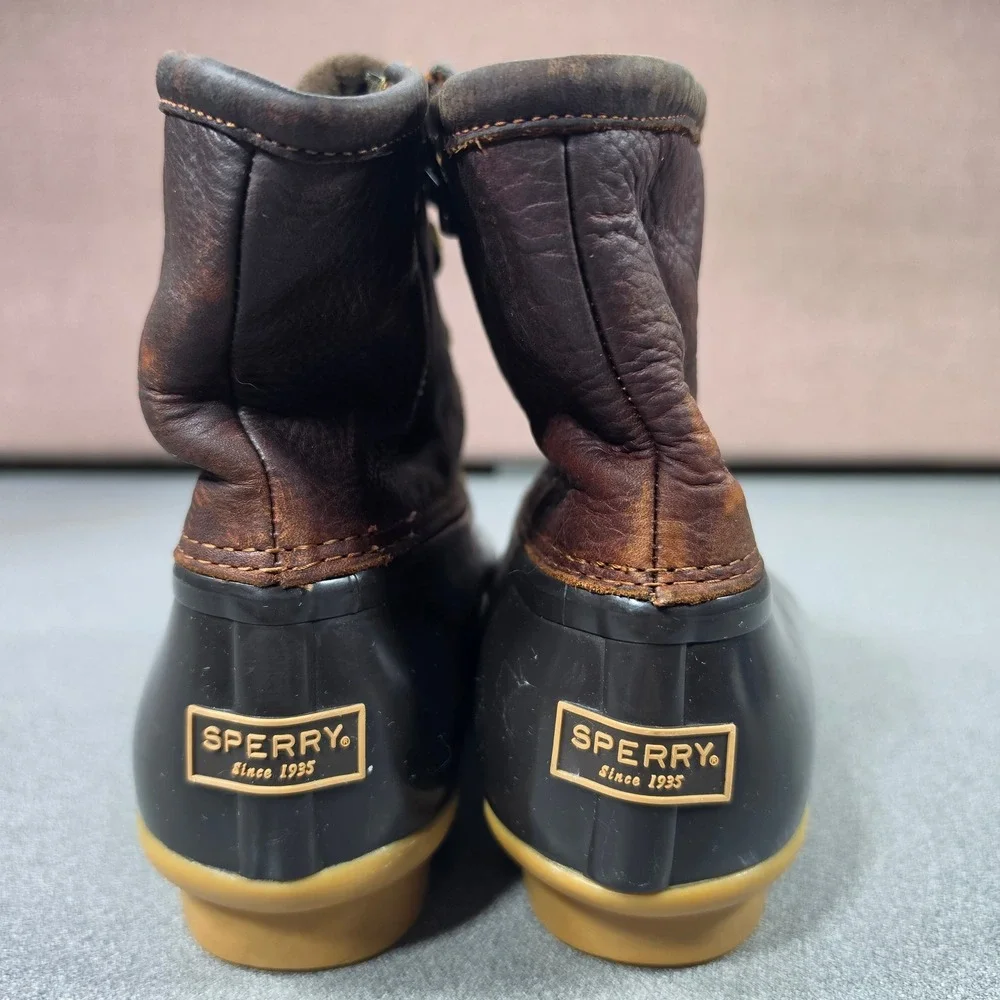 Sperry Saltwater Duck Boots Womens Brown Leather Rubber Ankle Good Side Zip